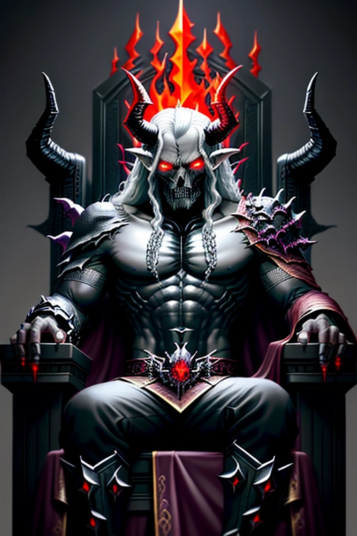 Brutallus, Elder Dragon Lord, Black dragon, Human form, Black scales, Black horns, human skull, Fiery red eyes, Sitting on a skill throne