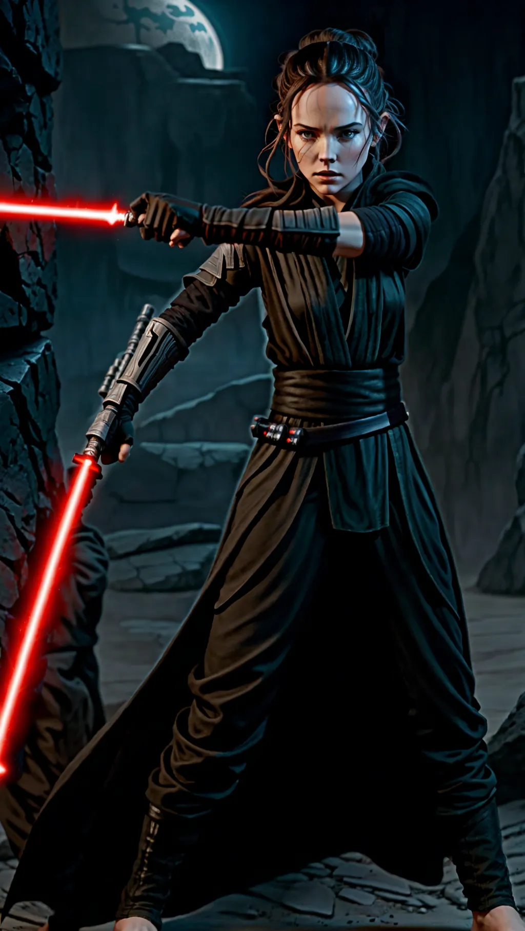 tan barefoot Sith Rey Skywalker wearing black Sith outfit while using a lightsaber to fight on Kamino, barefoot, (long dark Sith warrior pants: 1.3), (gloves: 1.2),