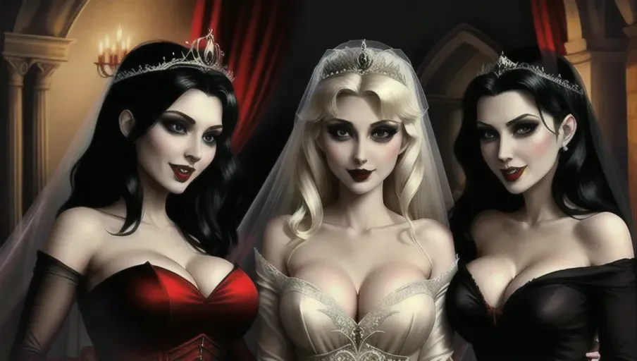 medium shot of the sexy vampire vixens of Dracula hungerly associating with their victim on a foggy moonlit night in the shadowy ballroom of a decerped old castle. three very pale gothic sexy erotic blond and black haired evil vampire vixens fangs gleaming in the moonlight. Drinking, dancing, kissing, seducing their victim, Crowning her with a bridal veil. Beautiful redhead early mid-thirties moderate breasts good sweet innocent, big soft round eyes, warm smile Anna of Arendelle in a soft green elegant Nordic ballgown.
photorealistic. High resolution