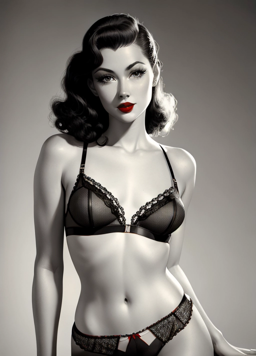 sexy vintage pinup, (bullet bra), vintage porn, vintage lingerie, pointed breasts, vintage bra,
((photorealistic)).