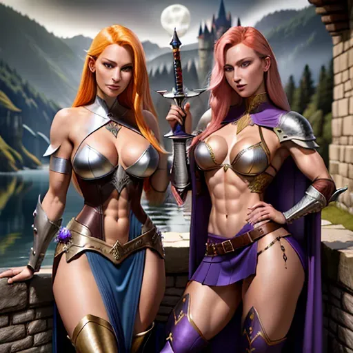 High fantasy like Dungeons and Dragons, two young women with blonde or red hair, wearing purple and blue armour, skirt to knees, high leather boots, medium breasts, cleavage, toned and slim body, abs, slender arms and legs, small ass, midrif, narrow waist, sensual expression, sharp features, very beautiful face, detailed eyes, arched eyebrows, sexy pose, holding sword in one hand, looking at the viewer, sensual and selfassured smile,
castle on a cliff next to a lake in the background, forest, full moon, moon light,
two arms, two hands, five fingers, detailed fingers, two legs, two feet