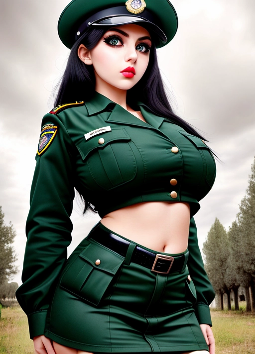 Cute Italian girl, simple grunge makeup, pale colored eyes, big wide eyes, black hair, big lips, high riding huge boobs, gigantic tits, park ranger uniform, photorealistic, best quality, ultra high resolution