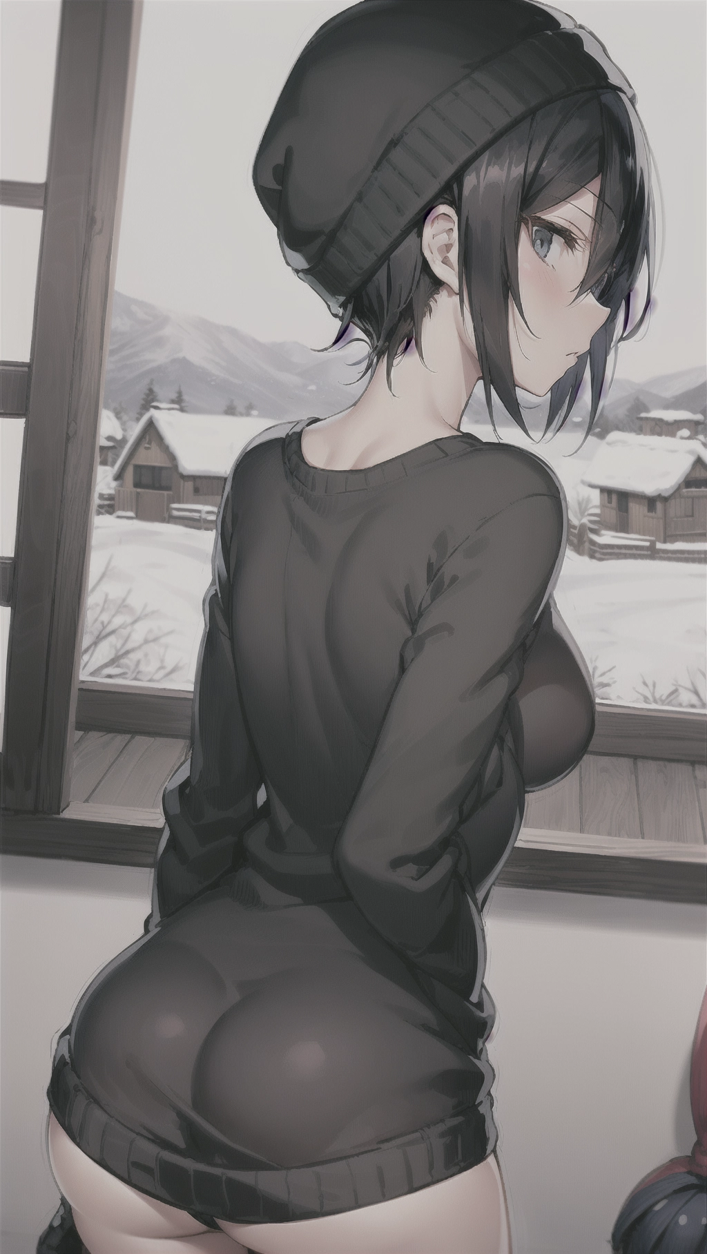 Rukia Kuchiki, short black hair, navy blue eyes, small boobs, sweater, beanie, in a cabin, view from behind, ass shot