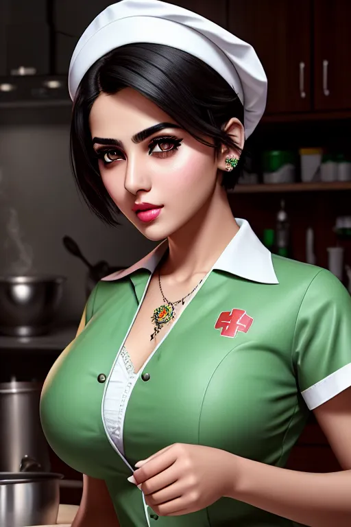 a photo shot of,a pakistan girl,wearing nurse clothes,dancing,in the kitchen,big breasts,five fingers per hand,short hair,charming face,beautiful lips,green eyes,curved eyebrows,textured skin,peaceful,tattoo,cinematic lighting,bokeh,studio lighting,ultra realistic,cgsociety