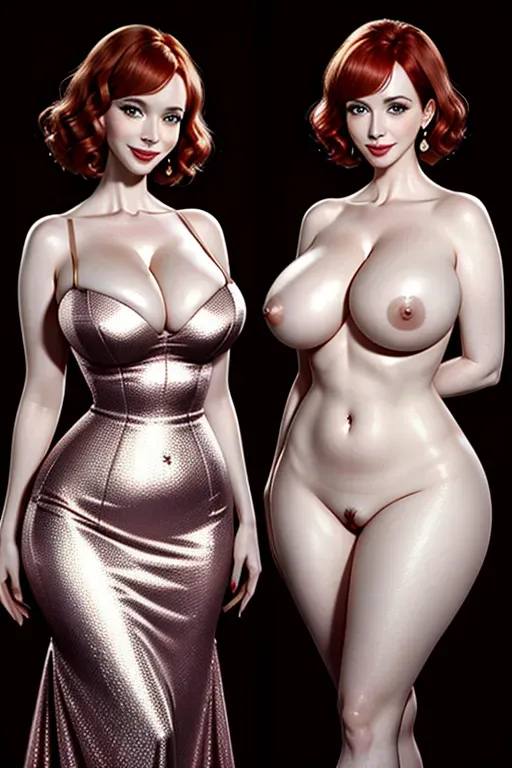 (Christina Hendricks, woman,dress, seductive smile, blush, onoff, simple background, background, split screen, <lora:onoff:1>