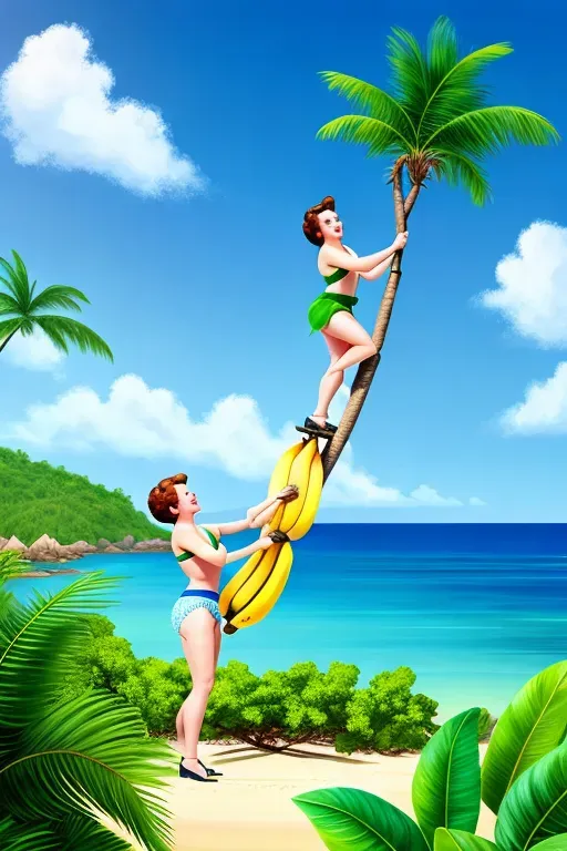 A illustration of Judy Garland climbing a tree wearing a green loincloth to grab a banana on a island, playful, sneaky, cute, blue sky, sandy beach,