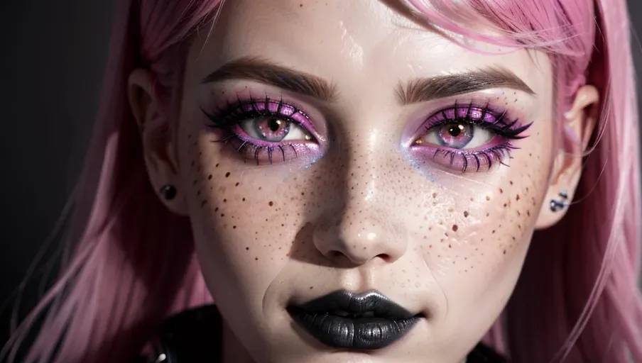 photorealistic, 8k, accurate face, detailed face, (((replicate inspiration face))), freckles, black lipstick, eyeshadow, pink hair,