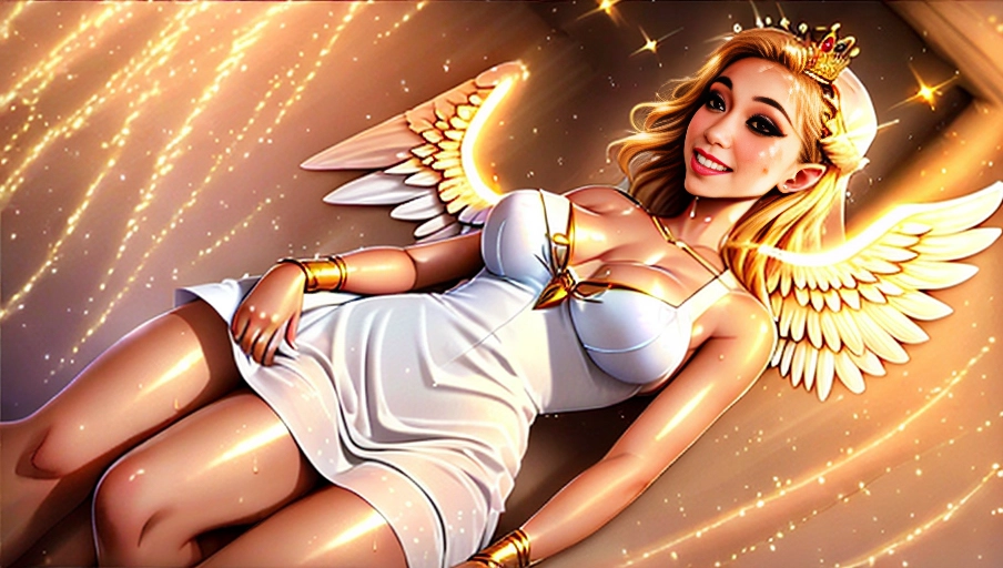 a 64k high detailed photo of body shot of straight Female Angelic HDR Professional ((In dress))) (((Has dress))) Godly Ultra Detailed Best Quality Most Detailed ((Angel Wings)) Angelic Lighting Love Hope Magic casting Crown Smiling Queen happy Glory Warrior Angels Angelics Positivity Happiness ecstasy enraptured sweaty saving God Royalty Morality Goodness True Good Power Force Authority Ethical Saviour Halo short Hair Always and Forever Sentimental in heat hot ultra hot best best lighting tantric Neutral Brilliant Logical Compassionate Perfect Perfection Exciting Integrity Winged Courage Purity Harmony Beauty mark on upper lip ((Female)) ((Ethereal Lighting)) ((Celestial Lighting)) (((With Clothes))) ((With God Item)) (((God Tech))) (God Magic) with items of power God Wings ((Afterlife Light)) (Perfect Tits) (Perfect Ass) (Love Worship) ((Happy Expression)) ((smiling)) AJH True Happiness (Pleasure) (True Love) ((Angelic Hair)) ((Purity))