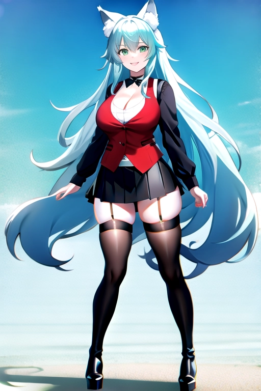 8k quality, green eyes, pale white skin, blue hair, giant breasts, cleavage, looking at viewer, pov, long hair, wavy hair, full body photo, smiling, black miniskirt, tights, dark red sweater vest, loose black long sleeve shirt, high heels, thigh high boots, black choker, wolf ears, thick black belt