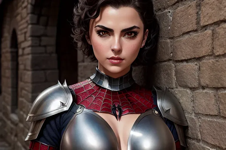 a concept art of,spider girl,wearing medieval armor,leaning against the wall,outdoor,natural breasts,five fingers per hand,short thick hair,beautiful face,beautiful lips,curved eyebrows,cosy,wearing necklace,sharp focus,smooth,surreal,ultra realistic,cinematic lighting