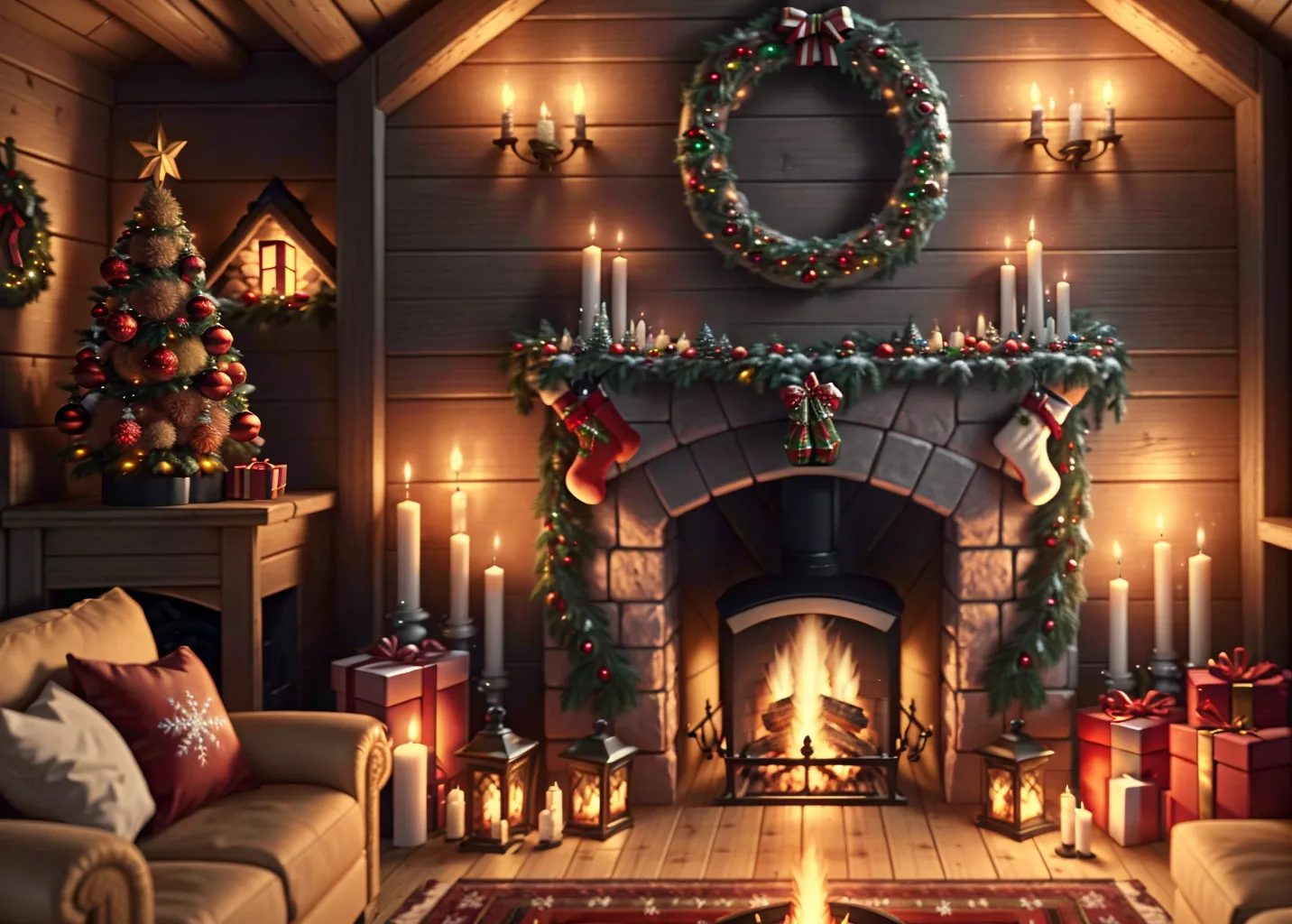 best quality, 8k, 64k, high res, hyper realistic, highly detailed, sharp focus, detailed, fantasy, image of interior Christmas hut, fireplace, cozy, decorations, candles, wreath, Christmas tree, trinkets, Christmas theme