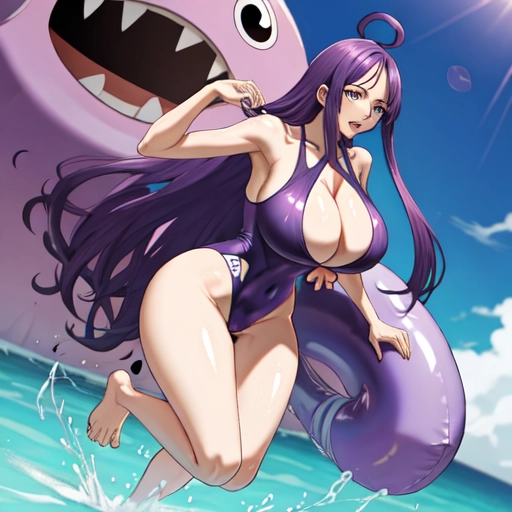 One piece swimsuit, purple colour, long hair, huge tits, awaiting tongue, big eyes, full body