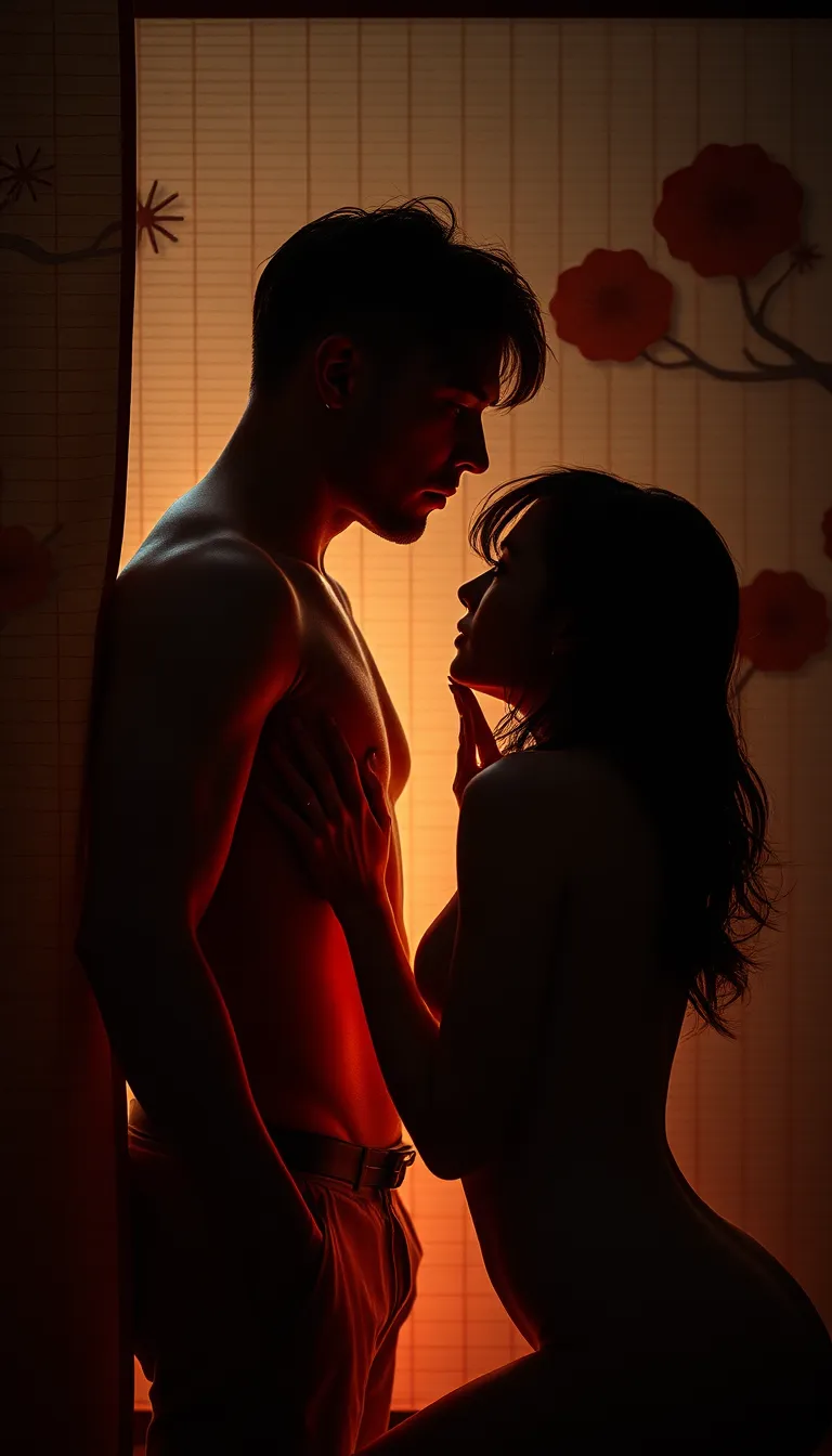 Silhouette of a couple behind a Japanese paper wall, side view, silhouette of 1 naked man standing up and having his cock licked, sihouette of a naked woman on her knees giving a blowjob to the man and licking his cock,
(cinematic lighting), (cinematic composition)