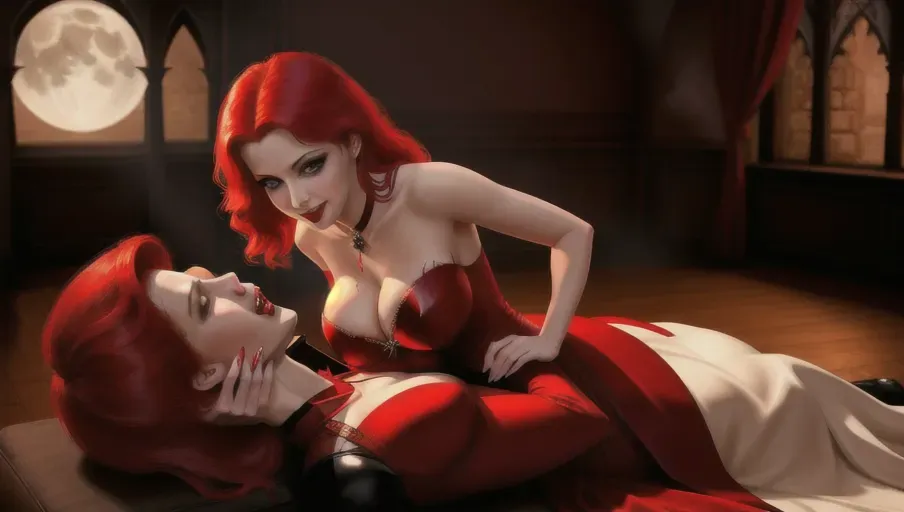 medium shot of the sexy vampire vixens of Dracula hungerly at an erotic party with their redheaded hypnotized innocent victim. Drinking, dancing, kissing her lips, her neck, her breasts, seducing their hypnotized victim, placing upon her head a shadowy veil. on a foggy moonlit night in the shadowy ballroom of a decerped old castle. Beautiful redhead still human victim early mid-thirties moderate breasts good sweet innocent, big soft round eyes, warm smile Anna of Arendelle in an elegant Nordic ballgown.
photorealistic. High resolution
