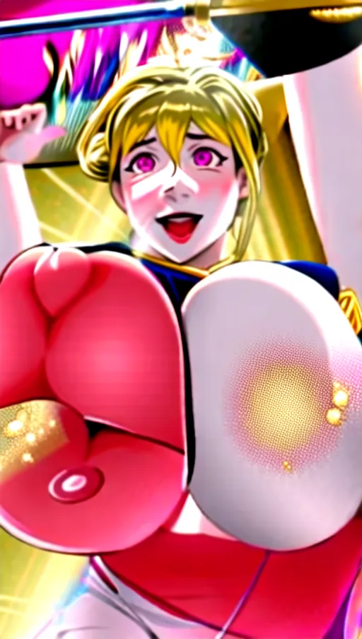 portly anime studio trigger woman JUMPING bare feet midriff hips seen from the side enlarged shoulders large pink eyes in the style of goddess of victory, nikke blissful ecstatic expression wearing multi coloured chromatic metallic yoga pants nightshort blonde hair 4 arms like a machamp gold arms mechanical arms