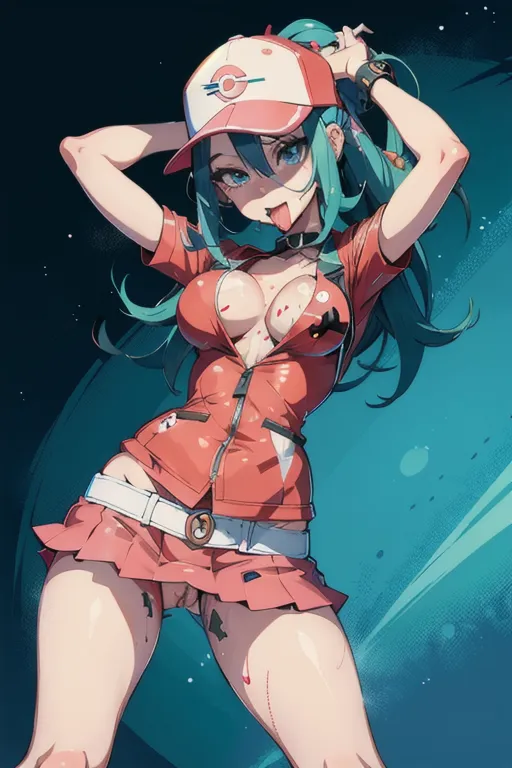 pokemon trainer, bimbo, long hair, ahegao, nice breasts, editorial, porno scene, (outfit:1.4), dynamic scene, 8K, digital photo, (cum:1), (slut:1.5),