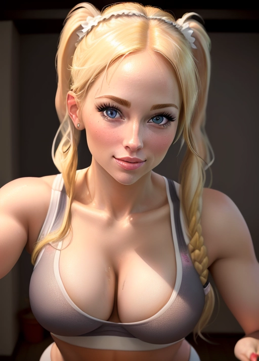 (Award winning close portrait realistic painting:1.2) (an extremely cute blonde sorority freshman girl with pigtails, pulling down her sexy workout clothes to reveal her perky breasts, as the main slut at a frat party themed adult movie)
full body shot
(front lights up her cameltoe:1.1)