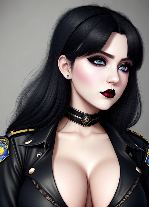 Cute girl, simple grunge makeup, pale colored eyes, black hair, big lips, realistic face, high riding huge boobs, gigantic tits, police captain uniform, blue button-down blouse, goth babe, photorealistic, best quality, ultra high resolution
