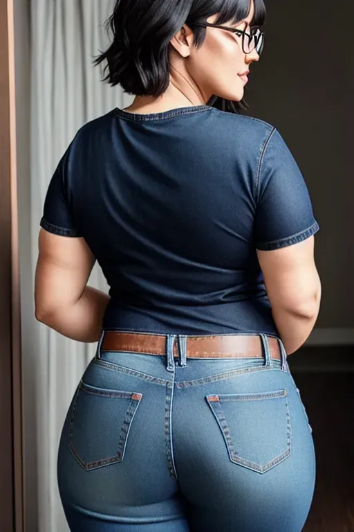a photo of,chubby woman,shoulder-length dark hair,glasses,dark denim jeans and t-shirt,bending over,from behind,highly detailed