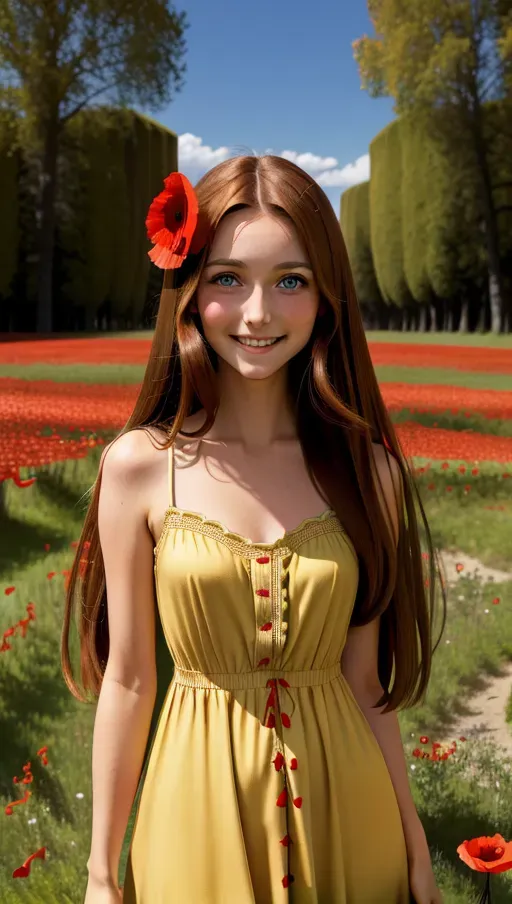 A high resolution photo of the most beautiful french brunette woman, long straight brown hair, wearing a sexy dress, petite body, small tits, natural skin, big green eyes, tiny nose, happy, smiling, in a poppy meadow