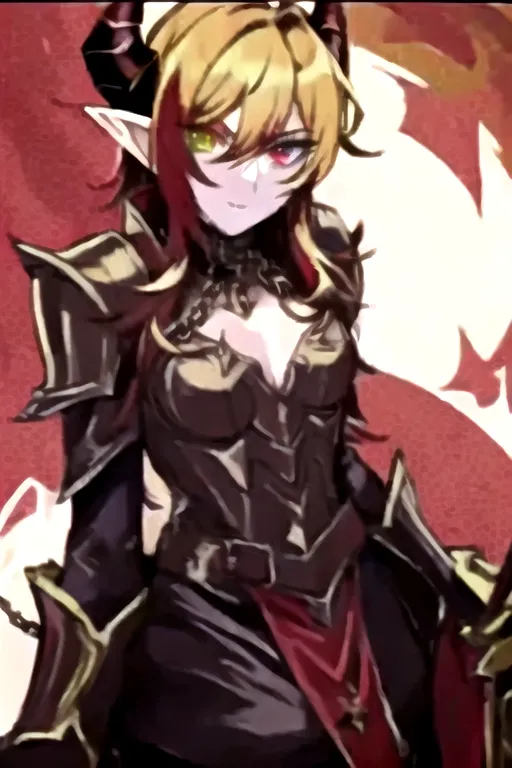 (masterpiece:1.2), (best quality), (ultra detailed), (8k, 4k, intricate),(full-body-shot:1), (highly detailed:1.2),(detailed face:1.2), best quality, masterpiece, solo, solo guy male tiefling, bright golden brown yellow
hair, heterochromia, green eye, red eye, determined look in eyes, golden brown color hair, curled horns devil, hell armor, ,red horns, holding battleaxe, shield, chrome shiny battleaxe, androgynous haircut, imp demon , dark paladin, chain main shirt, battle axe wielder, warrior, knight of hell, demon tiefling, hell red power, curled horns, illrigger, armored, 1 male tiefling only, demon, flat chest, posh , leather armor, well groomed, elf ears , jackal imp creature , horns, armored jacket, solo, sharp jagged tail, humanoid, masterpiece, colorful shirt, short length hairstyle single strand of hair curls on top of head, antenna hairstyle imp demon, ,cute look in eyes, imp demon , heterochromia, masterpiece anime style