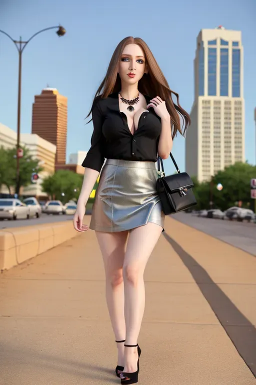 full body, chestnut hair, green eyes, short girl, gray miniskirt, black high heels, looking at viewer, long hair, pale skin, black necklace, black shirt, 24 years old, big breasts, cute face, pov, wavy hair, city environment, Oklahoma City, wide eyes, erotic