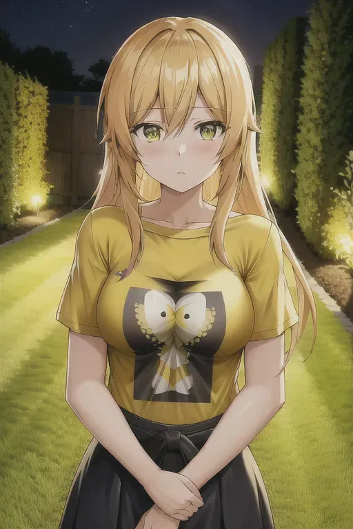 photograph, 20 year old, an anime girl, insanely beautiful, t-shirt, yellow, garden, night, natural light, sad, 8k, professional