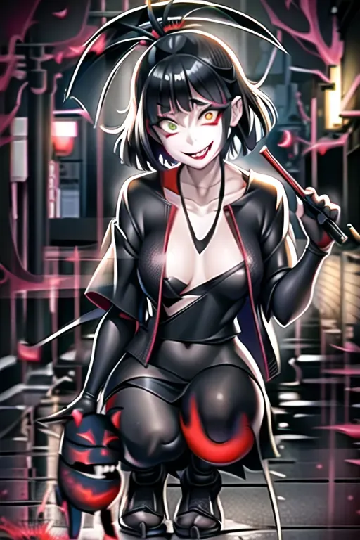 1girl, short black hair, green eyes, samurai, yukata, constricted pupils, yandere, big smile, crazy eyes, looking at viewer, kyoto night alley, atmospheric lighting, night sky, blood on clothes, torn clothes, head tilt, torn dress, vampire fangs, black lip stick, hard nippels showing, <lora:dpmg_crazy_expression:1>