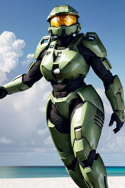 Halo spartan, female, thick thighs, fat ass, helmet on, anime, male, 8k wallpaper, best quality, ultra hd, global lighting, hi-resolution, high quality, at the beach