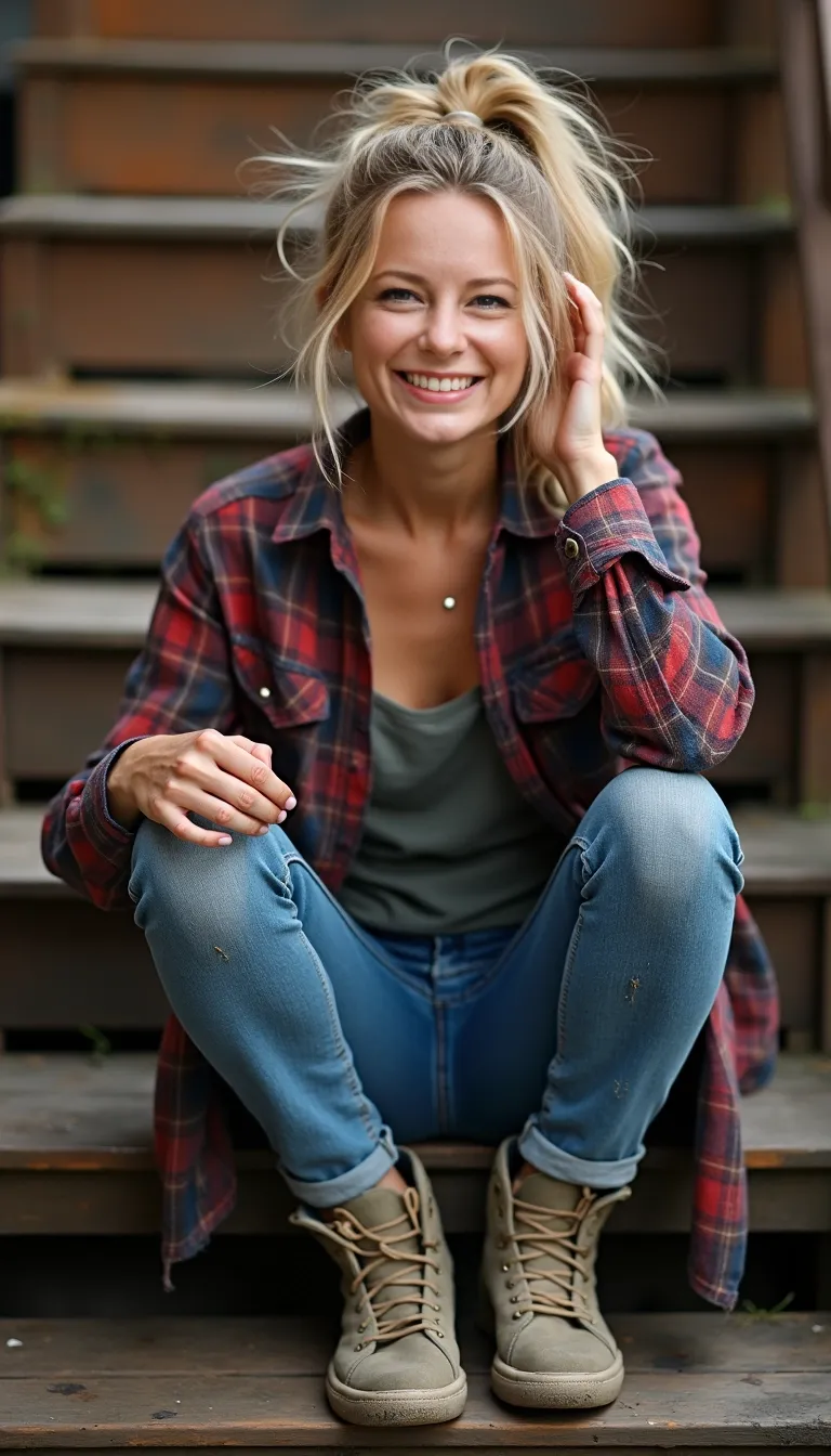 A sweaty and dirty pretty blonde woman sits down on the stairs of her cabin deck after working very hard, she wears tight jeans and a t-shirt with an unbuttoned flannel shirt over it. Messy hair in a cute ponytail style,