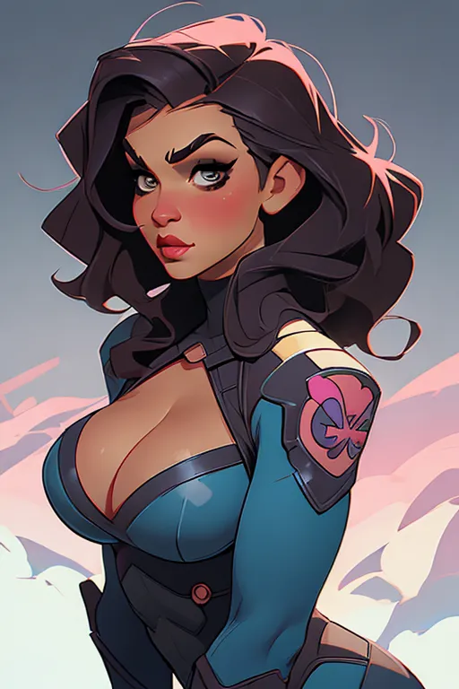 highly detailed image, comic woman, curvy, makeup, eye to eye, intense, cleavage