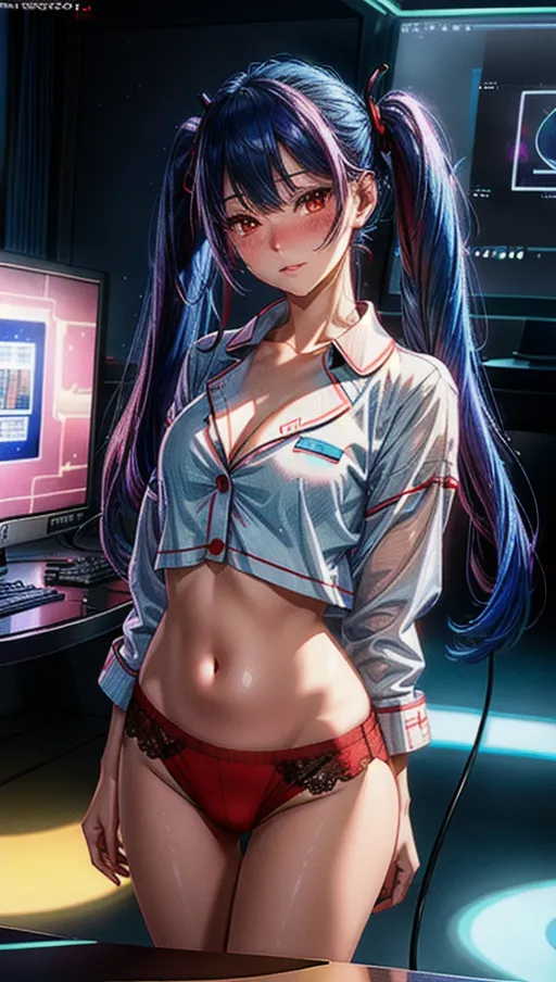 Best quality, high res, 1 adult woman, (portrait of adult woman with unbuttoned pajama and exposed pussy posing shyly before a computer in a futuristic cyber room, both hands pulling shirt down), (blue hair with twintails and neon headphone), (unbuttoned soft fluffy pajamas, unbuttoned shirt, exposed crotch), (correct human anatomy), ((extremely detailed blushing face, extremely detailed red eyes:1.3)), (beautiful detailed lips:1.1), looking at viewer with very shy expression, stunning dreamy atmosphere, beautiful colourful lighting, close up cinematic composition, vivid colours, soft artwork, (candid:1.3), (flat shading stylised art:1.15), <lora:dpmg_add_detail:1.05>, large window background with futuristic city and abstract night galaxy space, (physically-based ray tracing, photon mapping, photorealistic:1.35), high quality masterpiece, 4k, HDR, UHD, high quality fingers, perfect arms, perfect pussy, bottomless, pantless, visually stunning