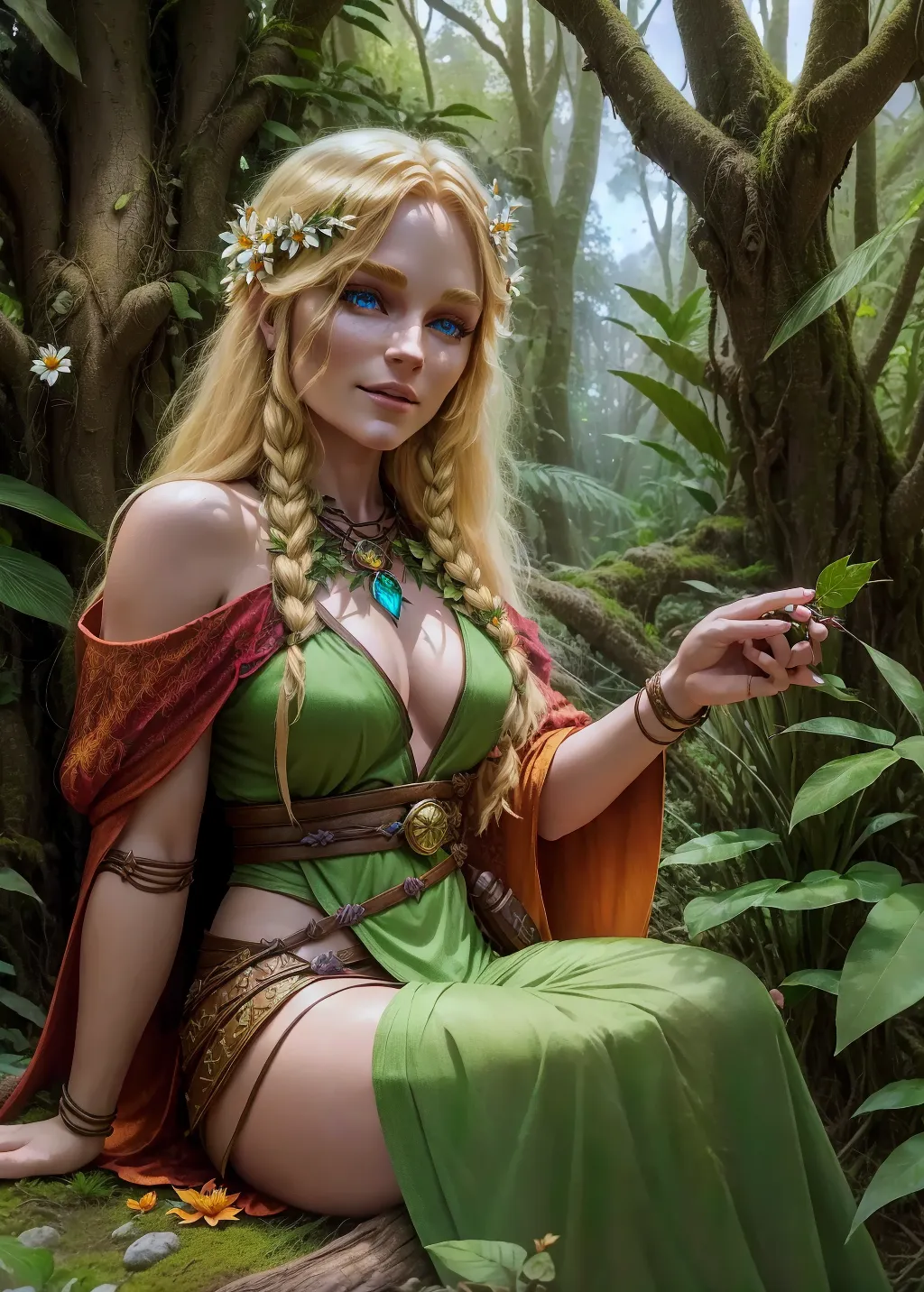 Dungeons and dragons human female druid, sitting in a magical tropical forest, long grass, flowers, squirrels, blonde hair, blue eyes, ray tracing, 5 fingers per hand, anatomically correct, HD resolution, 8K wallpaper, wide shot, photorealistic, sexy, leaves falling, sunset, warm lighting, casting a spell on a flower, daisy,