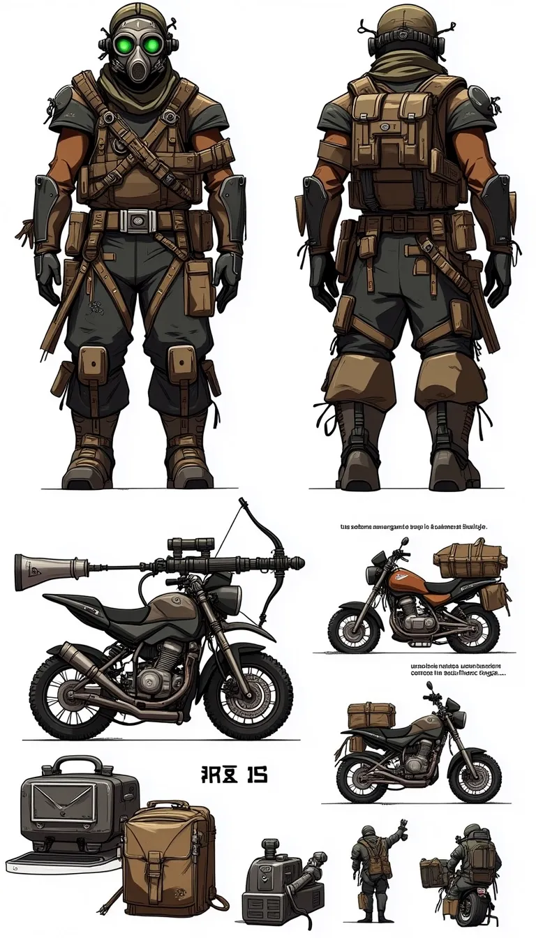 Character Design Style, A post-apocalyptic scavenger clad in makeshift armor assembled from various materials. The character sheet features a front view highlighting a gas mask with custom filters, a side profile focusing on a crossbow crafted from salvaged parts, and a back view revealing a backpack filled with survival gear. Additional elements include a modified motorcycle and a handheld device for detecting radiation.