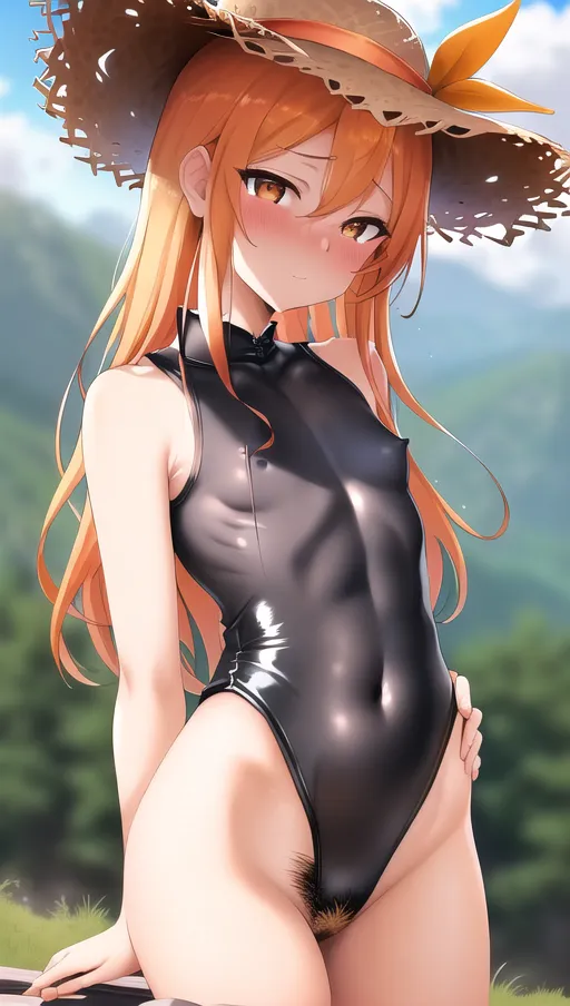 masterpiece, best quality, ((small breasts)), detailed background, woman on a mountain top, ((sexy black leotard)), orange hair down to her waist, detailed golden eyes, exhausted, blushing, pointy nipples, cute straw hat, ((pubic hair))