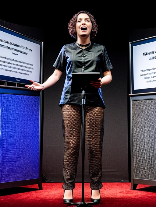 A naked mature lady speaker is making her presentation bottomless and with her vagina completely exposed to her audience during her announcements