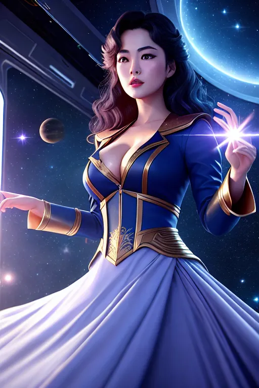 a digital painting of,song hye kyo,wearing wizard clothes,dancing,in the space station,big breasts,five fingers per hand,wavy curtain bang,charming face,beautiful lips,blue eyes,curved eyebrows,pale skin,romantic,tattoo,professional,surreal,unreal engine,cinematic lighting,ultra realistic