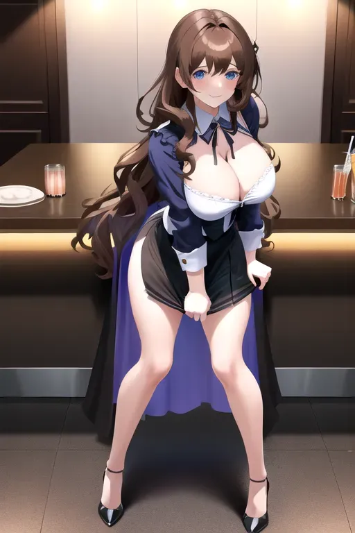 <lora:dpmg_skirt_tug:1>, 1girl, clothes tug, brown hair, blue eyes, black maid uniform, bar, pale skin, giant breasts, high heels, serving drinks, long hair, wavy hair, masterpiece, best quality, highly detailed, smiling, leaning toward viewer, pov, looking at viewer, miniskirt, showing cleavage, realistic, erotic
