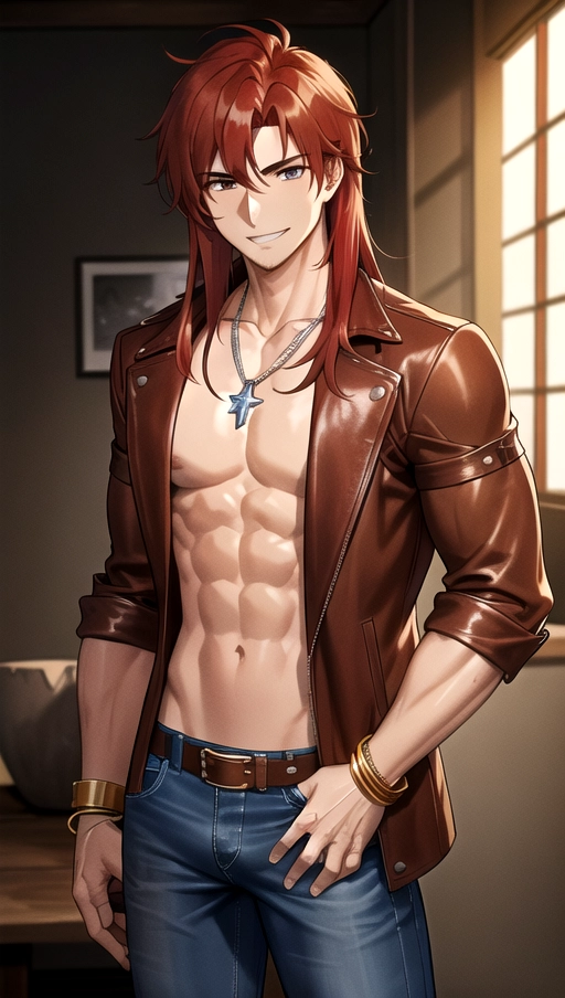 A shirtless man around his twenties with a medium-long red hair cut to his shoulders and golden-brown eyes smiling while wearing a cowboy brown leather jacket and using blue cowboy jeans and brown cowboy boots, silver necklace made with small chains, leather wristbands