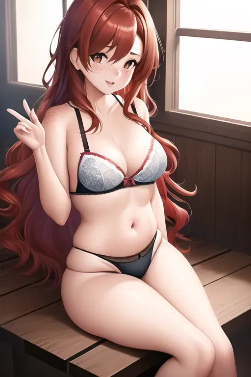 a digital painting of,a girl with lingerie, curvy,indoor, small breasts, legs spread, five slender fingers, wavy red hair,gorgeous face, freckles on face, beautiful lips,brown eyes,curved eyebrows,curved eyelid,romantic,studio lighting,cgsociety,ultra realistic,bokeh,8k