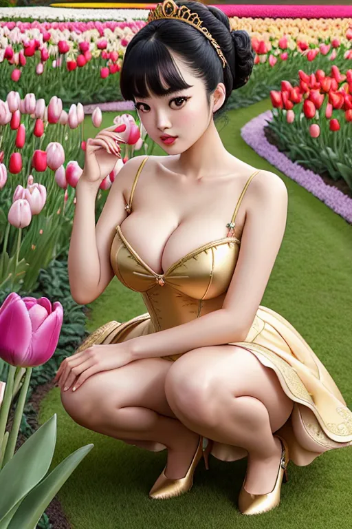 a photograph of,nana komatsu,wearing princess dress,squatting,in a tulip garden,big breasts,five slender fingers,updo hair,charming face,beautiful lips,brown eyes,curved eyebrows,curved eyelid,erotic,wearing golden ring,highly detailed,unreal engine,bokeh,artstation,sharp focus