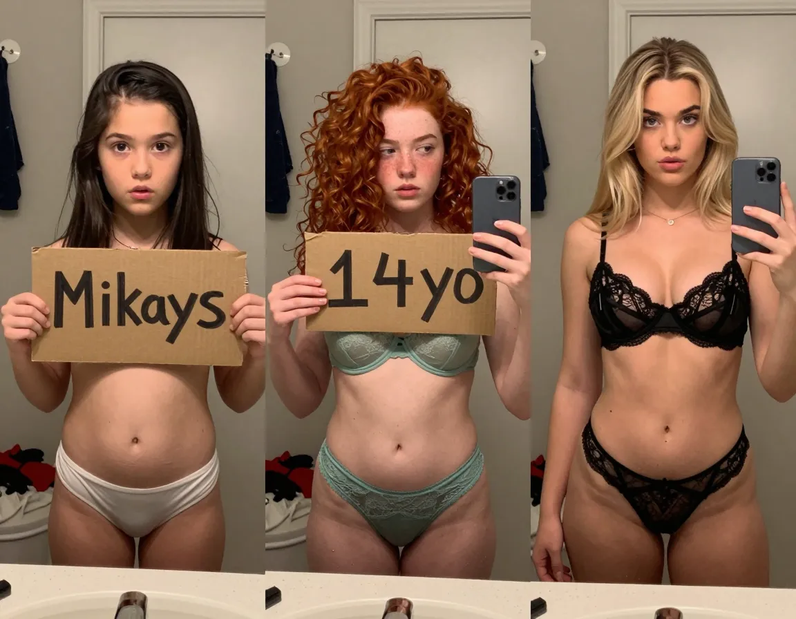 3 different puberty stages: 10yo, 14yo, 18yo, nippleless bra and g-strings, college dormitary bathroom, cell phone camera, split-screen montage*10yo Mikayla with petite frame, straight black hair, big brown eyes in a stunned expression, tiny flat chest**14yo Giovanna with athletic build, curly vibrant red hair, freckled cheeks, budding breasts with green lace bra, visible slit**18yo Alexis with tall and curvy, long straight blonde hair, wide blue eyes, plump breasts constrained by black lace bra, wet shaved pussy*each girl holds a handwritten cardboard sign with her age in bold markerrooms messy with clothes and makeup scattered on the countertop.githubusercontent/porndorks/dorm_bathroom_public(1752 characters)
