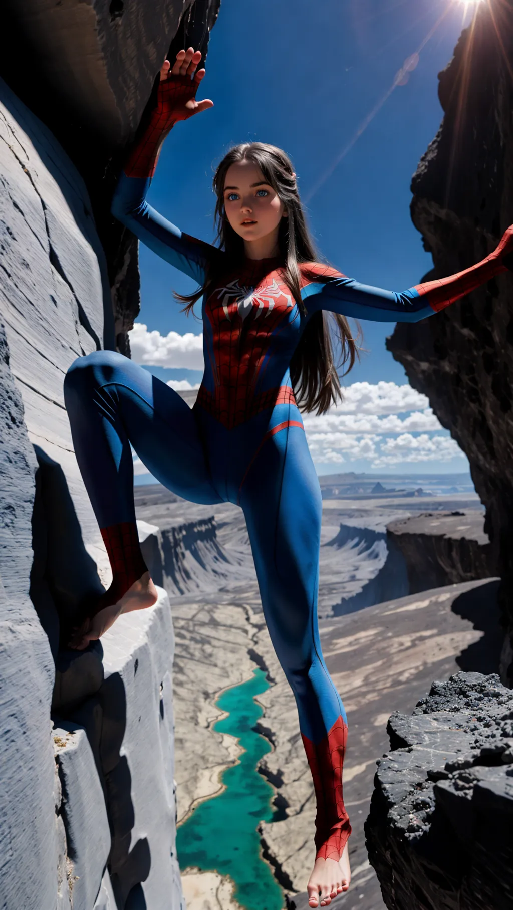 full-body image of a gorgeous barefoot girl with long hair and blue eyes wearing Spiderman outfit and gloves with a camel toe while exploring a volcanic crag, barefoot, exposed face, exposed head, bare feet, black soles,