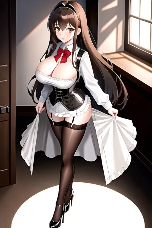 long brown hair, brown eyes, pale skin, giant breasts, gray maid uniform, showing cleavage, bedroom, pov, looking at viewer, miniskirt, black corset, black high heels, overlooking city, 4k, 25 years old, full body photo