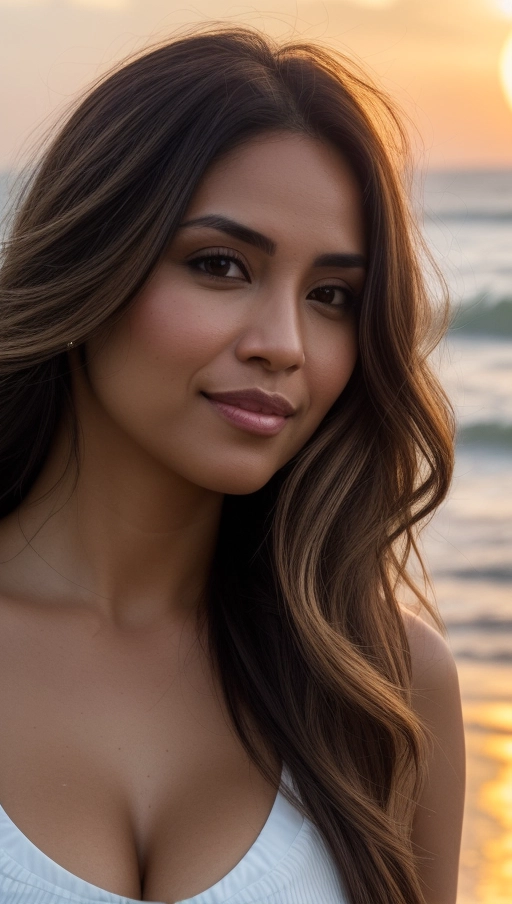 Location - Bali beach at sunset, Age - 29, Nationality - Indonesian, Type of woman - confident and alluring, Weather - Sunset with a soft golden light, Type of head - Oval, Type of eyes - ((Captivating)), deep brown with a hint of gold from the sunset reflection, Type of nose - Elegant, Type of lips - ((Slightly smiling)), inviting, Type of hairstyle - Loose, with beach waves, Type of hair color - Dark brown with sunset highlights, Type of emotional expression - Relaxed yet intriguing, Type of nice teeth - Bright and welcoming, ((High resolution photo)), Type of camera - Mirrorless, Type of camera settings - Aperture f-2.2, ISO 200, shutter speed 1-200 sec, Camera angle - Eye level, capturing the horizon in the background, Type of close up - Full face with a portion of the neck, showcasing the soft smile and the eyes.