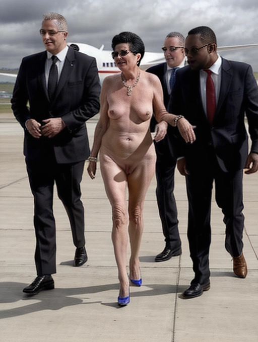 A naked mature middle aged lady, natural saggy breasts, aroused vulva, pot belly, is a bold and uninhibited VIP with her security body guards as she walks brazenly naked wearing only her high heel shoes, through the tarmac from her private jet at a public airport, Imelda Zammer, famous jazz singer, walking through the airport with her naked breasts and vagina on show for everyone to see. Oh darling are you getting a good look at my pussy.