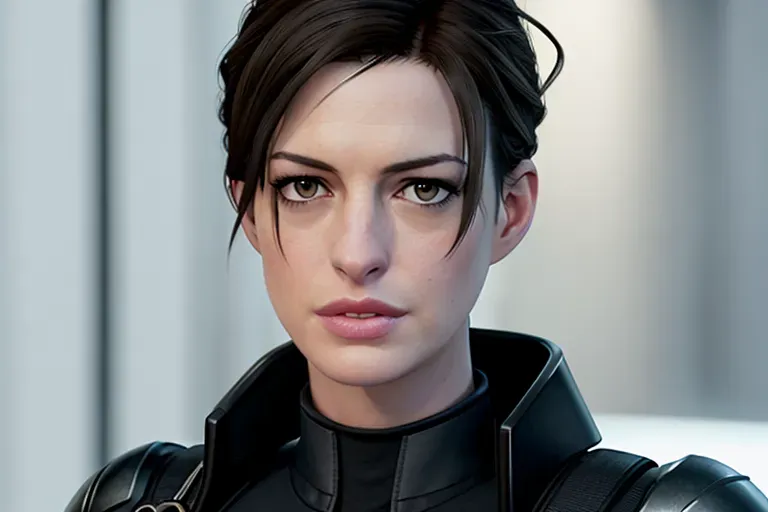 a concept art of, Anne Hathaway, confident, in resident evil, in black tactical pants, black military armor, gun holsters, combat boots, five fingers per hand,ponytail,bangs,strong pose,charming face,beautiful lips, deep eyes,curved eyebrows,textured skin,cgsociety,8k,unreal engine,highly detailed,artstation, deviantart, cinematic, sharp image, centered, medium close up, 8k,studio lighting, head in frame, long neck, entire head in frame,hyper-realistic