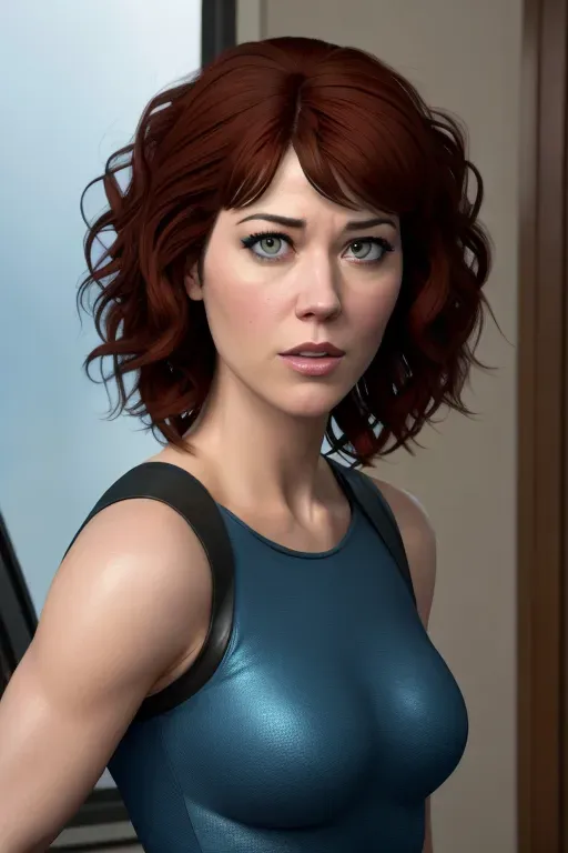 photo realistic, Mary Elizabeth Winstead as Ramona Flowers, accurate face,(big wide eyes), bark eyes, antagonizing viewer