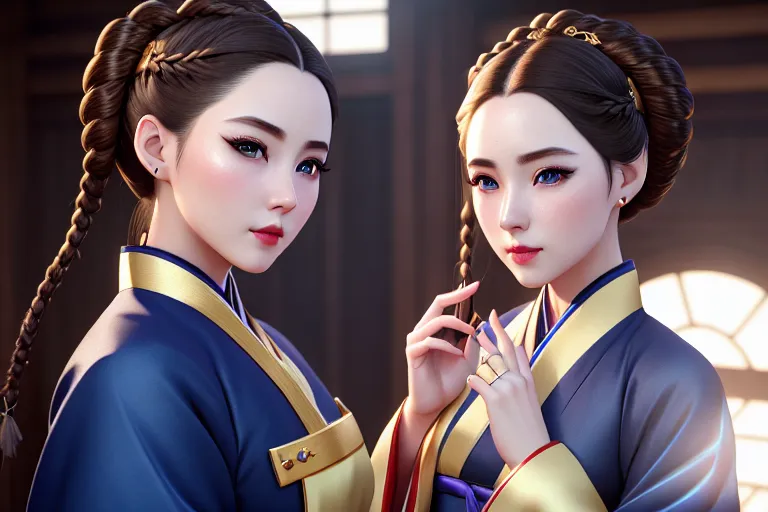 a photograph of,a british girl,wearing hanbok,doing sexy pose,small breasts,five fingers per hand,braids hair,gorgeous face,beautiful lips,blue eyes,curved eyebrows,pale skin,peaceful,wearing golden ring,pixiv,ultra realistic,editorial,unreal engine,studio lighting