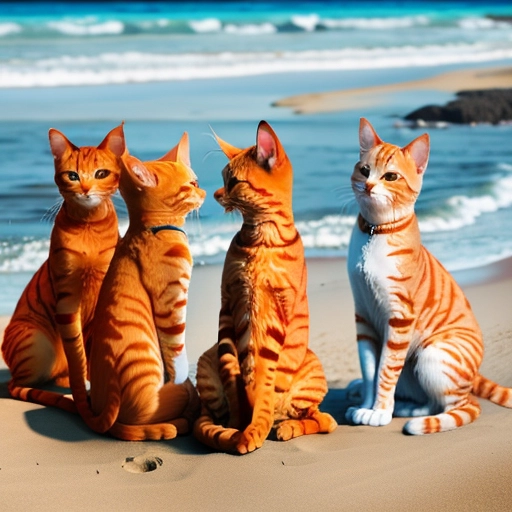 5 orange cats at the beach in color